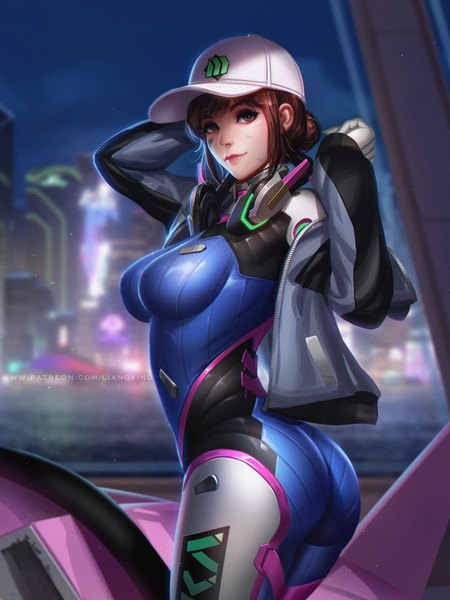 Anime picture 750x1000 with overwatch blizzard entertainment d.va (overwatch) meka (overwatch) shooting star d.va liang xing single tall image looking at viewer short hair breasts light erotic brown hair large breasts standing brown eyes signed payot ass outdoors