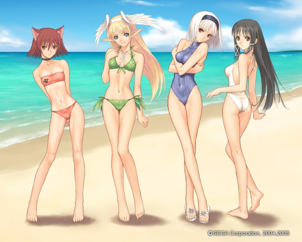 Anime picture 1280x1024 with shining (series) shining tears elwing blanc neige ryuuna (shining tears) mao (shining tears) tony taka long hair looking at viewer fringe short hair blue eyes light erotic black hair blonde hair brown hair standing bare shoulders multiple girls brown eyes