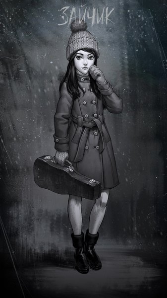 Anime picture 576x1024 with tiny bunny polina (tiny bunny) saikono single long hair tall image looking at viewer standing holding full body long sleeves grey background copyright name lipstick text hand to mouth double buttons russian girl boots