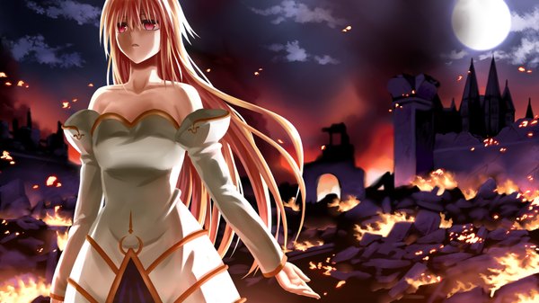 Anime picture 2000x1124 with shingetsutan tsukihime type-moon arcueid brunestud egnis single long hair fringe highres open mouth blonde hair red eyes wide image bare shoulders looking away cloud (clouds) wind night night sky outstretched arm destruction
