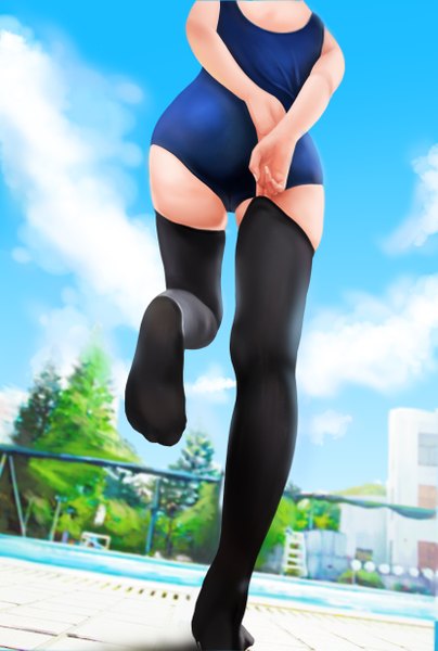 Anime picture 3307x4901 with pantsu shinshi single tall image highres light erotic standing bare shoulders absurdres sky cloud (clouds) bent knee (knees) from behind from below no shoes girl thighhighs black thighhighs swimsuit building (buildings) one-piece swimsuit