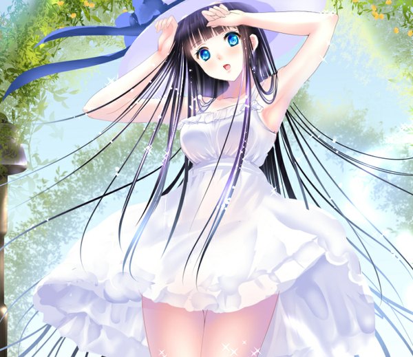 Anime picture 800x693 with original ponytail korosuke single looking at viewer blush fringe breasts open mouth blue eyes black hair smile bare shoulders very long hair head tilt from above sunlight bare legs sleeveless happy shiny