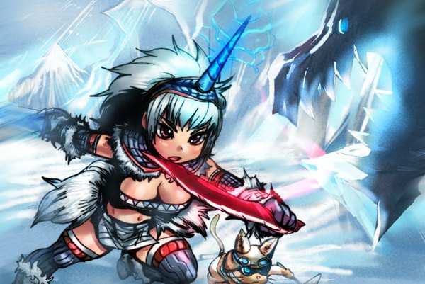 Anime picture 1400x937 with monster hunter kirin (armor) bow (bhp) long hair blush breasts open mouth red eyes horn (horns) aqua hair magic winter snow mountain girl weapon animal dragon