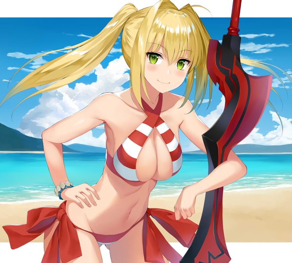 イラスト 3018x2712 と Fateシリーズ fate/grand order nero claudius (fate) (all) ネロ・クラウディウス(水着) フユツジ ソロ 長髪 カメラ目線 赤面 前髪 highres おっぱい light erotic 金髪 笑顔 hair between eyes 大きな乳房 立つ ツインテール 緑の目