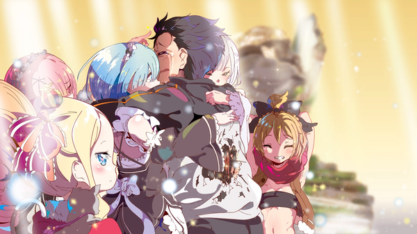 Anime picture 1920x1080 with re:zero kara hajimeru isekai seikatsu white fox rem (re:zero) emilia (re:zero) ram (re:zero) natsuki subaru puck (re:zero) beatrice (re:zero) felt (re:zero) aloe (kenkou3733) long hair blush highres short hair breasts open mouth blue eyes black hair blonde hair smile