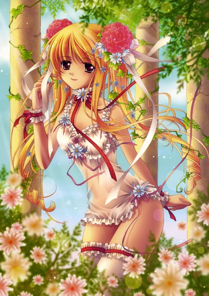 Anime picture 2460x3490 with girls museum (artbook) carnelian single long hair tall image highres light erotic blonde hair red eyes twintails hair flower girl thighhighs hair ornament flower (flowers) ribbon (ribbons) plant (plants) white thighhighs
