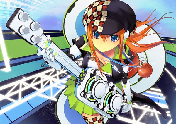 Anime picture 1086x768 with original nino (artist) blue eyes orange hair girl hat headphones musical instrument cap wire (wires) guitar apple