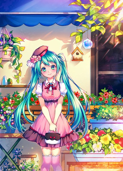 Anime picture 900x1249 with vocaloid hatsune miku p@nda single long hair tall image looking at viewer blush smile standing twintails head tilt aqua eyes aqua hair puffy sleeves knees touching girl thighhighs dress flower (flowers)