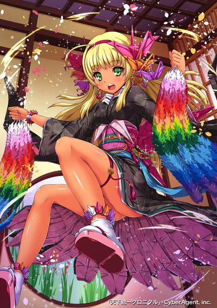 Anime picture 800x1131 with tenkuu no crystalia sakiyamama single long hair tall image looking at viewer blush fringe open mouth light erotic blonde hair smile holding green eyes full body ahoge indoors blunt bangs traditional clothes :d