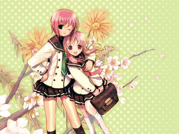 Anime picture 1600x1200 with sakura musubi cuffs (studio) akino momiji kiriyama sakura flower (flowers) serafuku