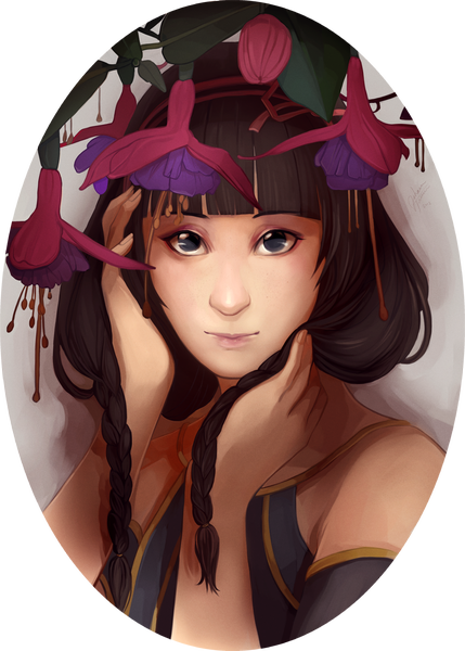 Anime picture 900x1258 with original juuhanna single long hair tall image brown hair bare shoulders braid (braids) grey eyes portrait transparent background face girl flower (flowers) hairband