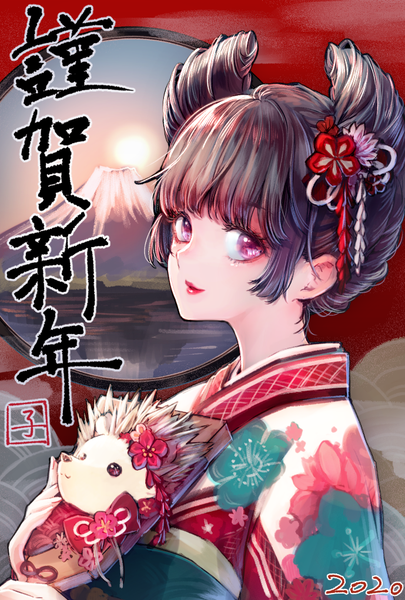Anime picture 689x1020 with original misty cj single tall image looking at viewer fringe short hair black hair purple eyes upper body blunt bangs traditional clothes japanese clothes hair bun (hair buns) lipstick mountain red lipstick new year 2020 nengajou