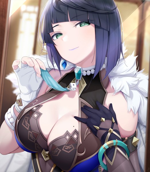 Anime picture 1048x1200 with genshin impact yelan (genshin impact) giba (out-low) single tall image looking at viewer fringe short hair breasts light erotic black hair smile large breasts holding green eyes cleavage upper body blunt bangs head tilt mole