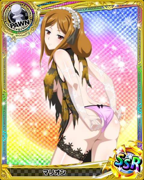 Anime picture 640x800 with highschool dxd marion (high school dxd) single long hair tall image blush breasts light erotic red eyes brown hair ass traditional clothes torn clothes chinese clothes card (medium) girl gloves underwear panties elbow gloves
