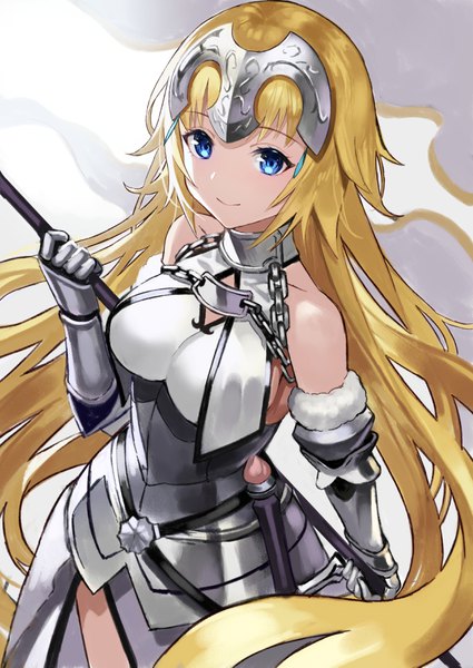 Anime picture 2508x3541 with fate (series) fate/grand order fate/apocrypha jeanne d'arc (fate) (all) jeanne d'arc (fate) terai (teraimorimori) single long hair tall image looking at viewer fringe highres breasts blue eyes simple background blonde hair smile standing bare shoulders holding