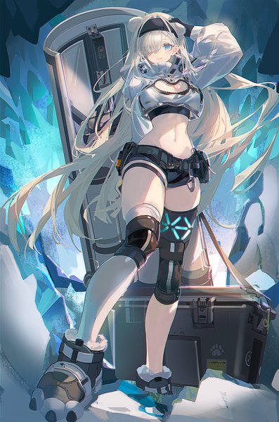 Anime picture 1322x2000 with arknights aurora (arknights) samo (shichun samo) single tall image looking at viewer fringe blue eyes light erotic smile standing animal ears full body white hair very long hair hair over one eye midriff cleavage cutout hand on head extra ears