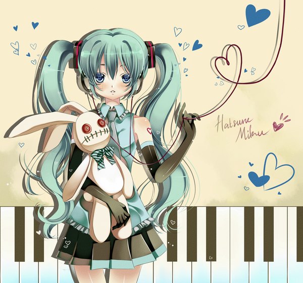 Anime picture 1068x1000 with vocaloid hatsune miku pikomint blue eyes twintails green hair loli heart of string girl gloves necktie elbow gloves heart toy stuffed animal bunny piano stitches
