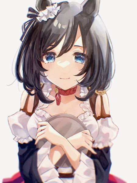 Anime picture 1536x2048 with umamusume eishin flash (umamusume) rua (idv) single tall image looking at viewer short hair blue eyes black hair simple background white background bare shoulders animal ears upper body horse ears girl tray