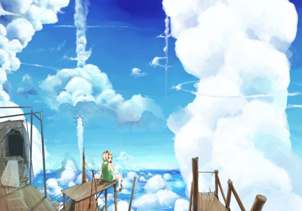 Anime picture 2400x1680 with original akagi yuu (artist) single highres short hair blonde hair sitting yellow eyes sky cloud (clouds) looking back scenic girl shorts child (children) sandals