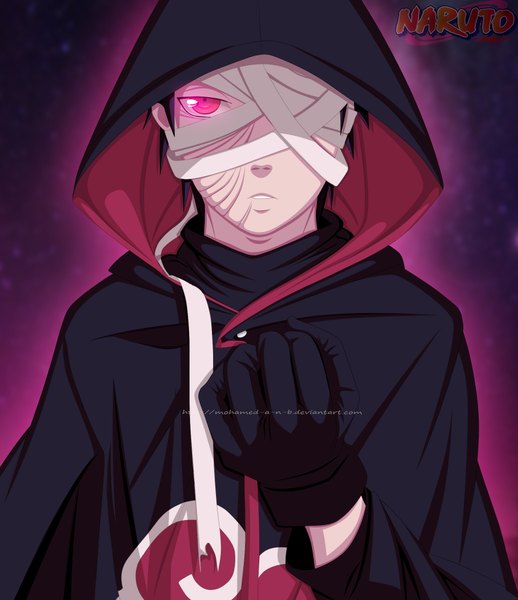 Anime picture 1813x2100 with naruto studio pierrot naruto (series) uchiha obito m-shu single tall image looking at viewer highres short hair black hair red eyes inscription coloring akatsuki sharingan bandage over one eye boy gloves hood