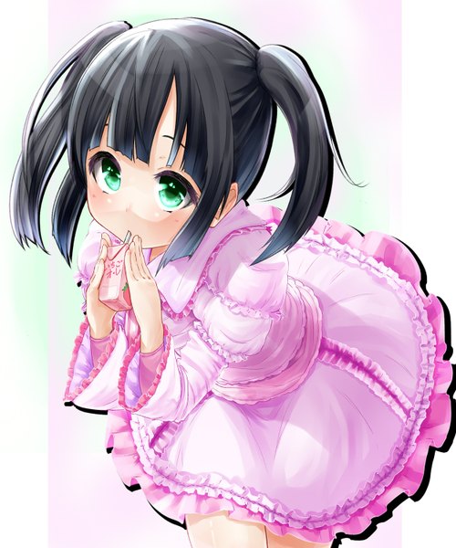 Anime picture 1250x1500 with original omaru gyuunyuu single long hair tall image black hair simple background white background twintails green eyes loli girl dress