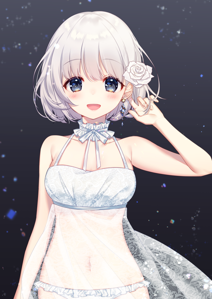 Anime picture 708x1000 with original moyui (myi 005) single tall image looking at viewer blush fringe short hair breasts open mouth blue eyes light erotic simple background smile bare shoulders silver hair :d arm up hair flower gradient background