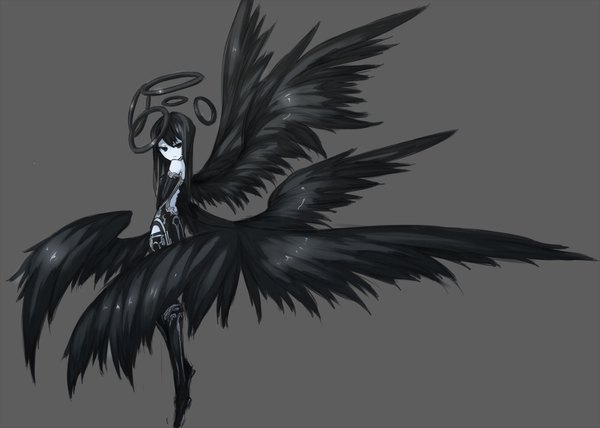 Anime picture 2000x1428 with original ganesagi single long hair highres black hair simple background bare shoulders black wings angel dress gloves detached sleeves wings elbow gloves black dress thigh boots halo