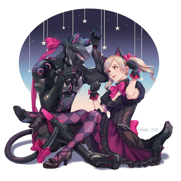 Anime picture 1200x1200 with overwatch blizzard entertainment d.va (overwatch) black cat d.va genji (overwatch) hage2013 long hair blonde hair sitting twintails signed animal ears full body tail animal tail cat ears realistic cat tail twitter username eye contact