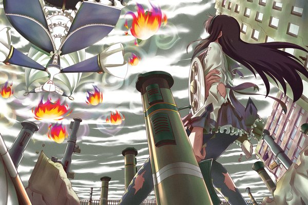 Anime picture 1800x1200 with mahou shoujo madoka magica shaft (studio) akemi homura walpurgisnacht (madoka magica) banzatou single long hair highres black hair sky cloud (clouds) pleated skirt from below torn clothes girl skirt uniform weapon school uniform frills