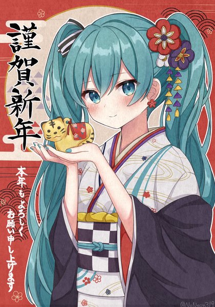 Anime picture 1072x1530 with vocaloid hatsune miku noneon319 single long hair tall image blush fringe smile hair between eyes twintails holding upper body nail polish traditional clothes japanese clothes aqua eyes aqua hair new year aqua nail polish