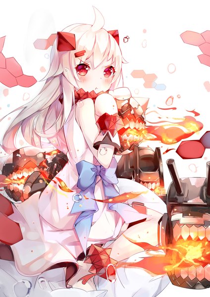 Anime picture 2893x4092 with kantai collection northern ocean hime enemy aircraft (kantai collection) bokujuu single long hair tall image looking at viewer blush fringe highres blonde hair red eyes white background sitting ahoge white hair horn (horns) shinkaisei-kan girl