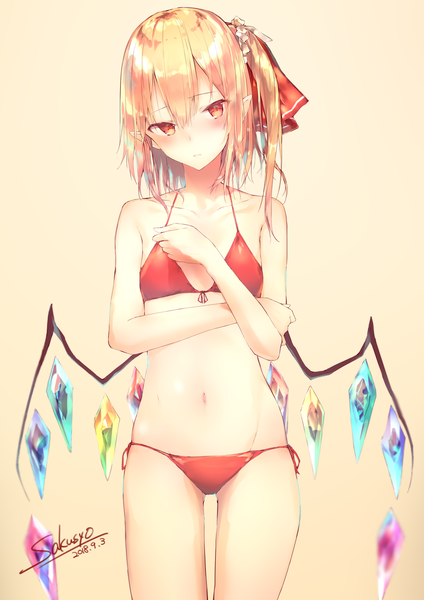 Anime picture 1116x1579 with touhou flandre scarlet sakusyo single long hair tall image looking at viewer blush fringe light erotic simple background blonde hair hair between eyes standing bare shoulders signed cleavage head tilt pointy ears orange eyes