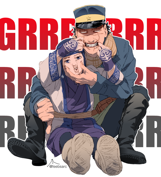 Anime-Bild 1826x2000 mit golden kamuy asirpa sugimoto saichi zifletts tall image looking at viewer highres sitting signed full body traditional clothes twitter username clenched teeth humor ainu clothes girl boy uniform military uniform peaked cap