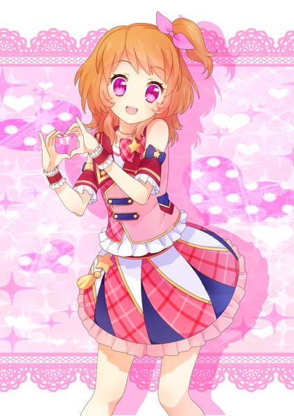 Anime picture 700x990 with aikatsu! oozora akari reta (honoka1230zero) single long hair tall image looking at viewer blush fringe open mouth bare shoulders pink eyes orange hair shadow one side up heart hands girl skirt detached sleeves star (symbol)