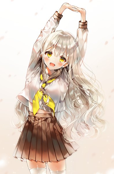Anime picture 1052x1600 with original weri single long hair tall image looking at viewer blush fringe open mouth simple background smile hair between eyes standing white background yellow eyes payot silver hair long sleeves :d pleated skirt