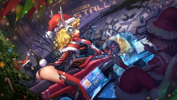 Anime picture 1780x1013 with original observerz long hair highres open mouth blue eyes light erotic black hair blonde hair wide image sitting multiple girls ass horn (horns) fur trim christmas wavy hair pointing mechanical girl