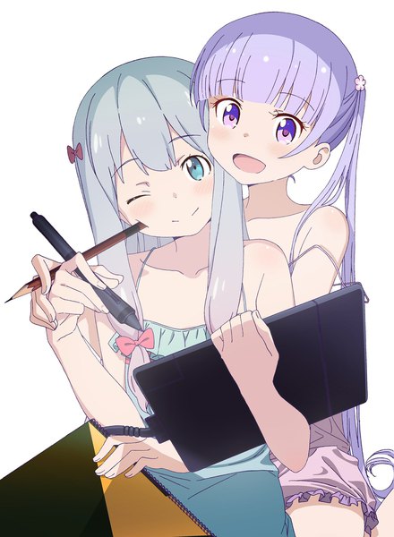 Anime picture 1501x2048 with eromanga sensei new game! a-1 pictures doga kobo izumi sagiri suzukaze aoba pink x long hair tall image looking at viewer blush fringe open mouth simple background smile white background purple eyes twintails bare shoulders multiple girls