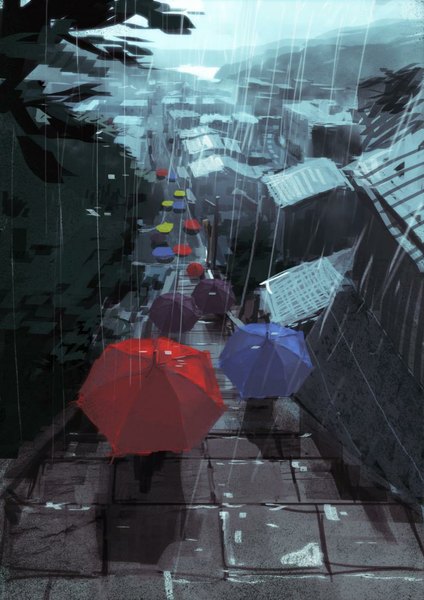 Anime picture 800x1132 with original rias-coast tall image outdoors from above city rain cityscape mountain walking alley plant (plants) tree (trees) umbrella stairs road people roof puddle