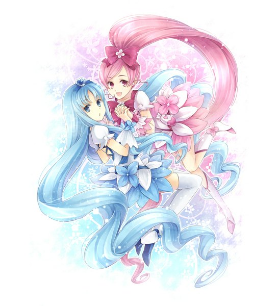 Anime picture 1000x1100 with precure heartcatch precure! toei animation kurumi erika hanasaki tsubomi cure blossom cure marine hagiwara rin long hair tall image open mouth blue eyes red eyes multiple girls blue hair pink hair ponytail girl thighhighs dress