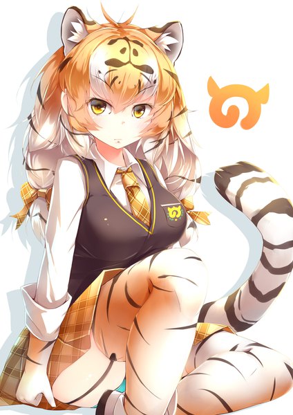 Anime picture 2480x3507 with kemono friends siberian tiger (kemono friends) kanzakietc single long hair tall image looking at viewer blush fringe highres light erotic blonde hair hair between eyes white background sitting animal ears yellow eyes payot tail animal tail