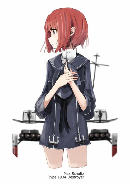Anime picture 1413x2000 with kantai collection z3 destroyer (max schultz) hizakozouzu single tall image fringe short hair simple background red eyes standing white background looking away red hair blunt bangs profile character names hat removed headwear removed girl