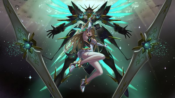 Anime picture 3840x2160 with xenoblade xenoblade 2 mythra (xenoblade) siren (xenoblade 2) shisshou senkoku single long hair looking at viewer fringe highres breasts open mouth light erotic simple background blonde hair wide image holding yellow eyes absurdres cleavage