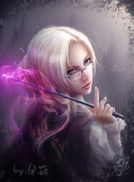Anime picture 1744x2362 with rwby rooster teeth glynda goodwitch kusi de san gu single long hair tall image highres blonde hair holding green eyes signed upper body looking back fingernails from above lips from behind realistic hair bun (hair buns)