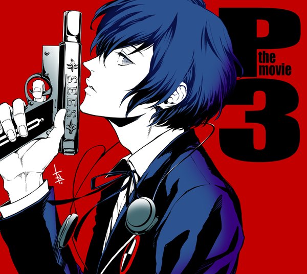 Anime picture 802x717 with persona 3 persona arisato minato saitou rokuro single looking at viewer fringe short hair simple background hair between eyes holding signed blue hair upper body parted lips profile copyright name red background silver eyes boy