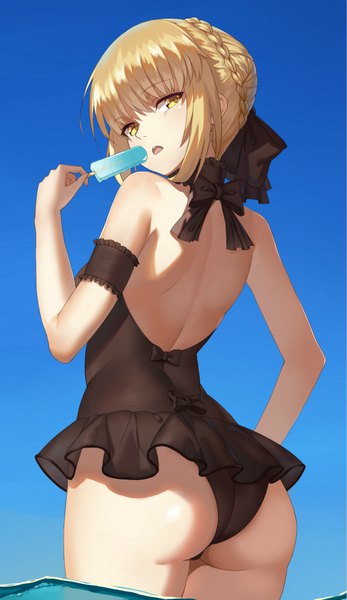 Anime picture 600x1035 with fate (series) fate/grand order fate/stay night artoria pendragon (all) saber alter yunsang single tall image looking at viewer fringe short hair open mouth light erotic blonde hair standing holding yellow eyes ass braid (braids) looking back