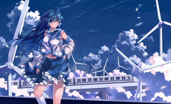 Anime picture 1600x977 with touhou kochiya sanae huanxiang huifeng single long hair blush blue eyes wide image standing blue hair sky cloud (clouds) wind sunlight blue background girl thighhighs skirt black thighhighs detached sleeves
