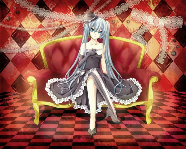 Anime picture 1475x1180 with vocaloid hatsune miku mil2 single long hair sitting twintails aqua eyes aqua hair checkered floor floor rhombus girl dress gloves hat elbow gloves shoes couch lace