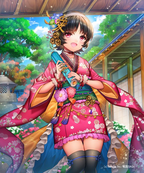 Anime picture 1000x1200 with sengoku saga ells (ellsat) single tall image looking at viewer blush fringe short hair open mouth black hair smile red eyes standing holding sky cloud (clouds) traditional clothes :d japanese clothes wide sleeves