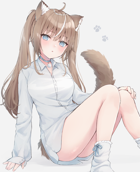 Anime picture 2217x2712 with original shano hiyori single long hair tall image looking at viewer highres blue eyes light erotic brown hair white background sitting twintails animal ears tail long sleeves animal tail multicolored hair cat ears arm support