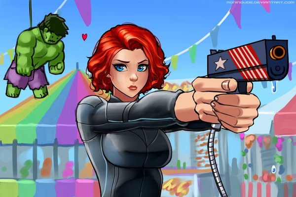 Anime picture 1024x683 with marvel comics avengers natasha romanoff hulk ronin dude (ray cornwell) short hair breasts blue eyes red hair lips lipstick red lipstick girl weapon gun toy pistol clothes